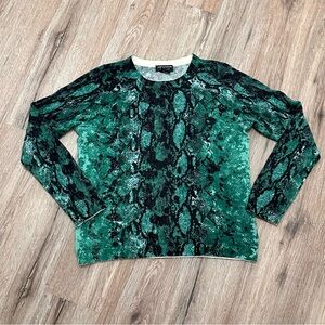Lord & Taylor Cashmere Sweater Large Green Black Animal Print Crew Neck